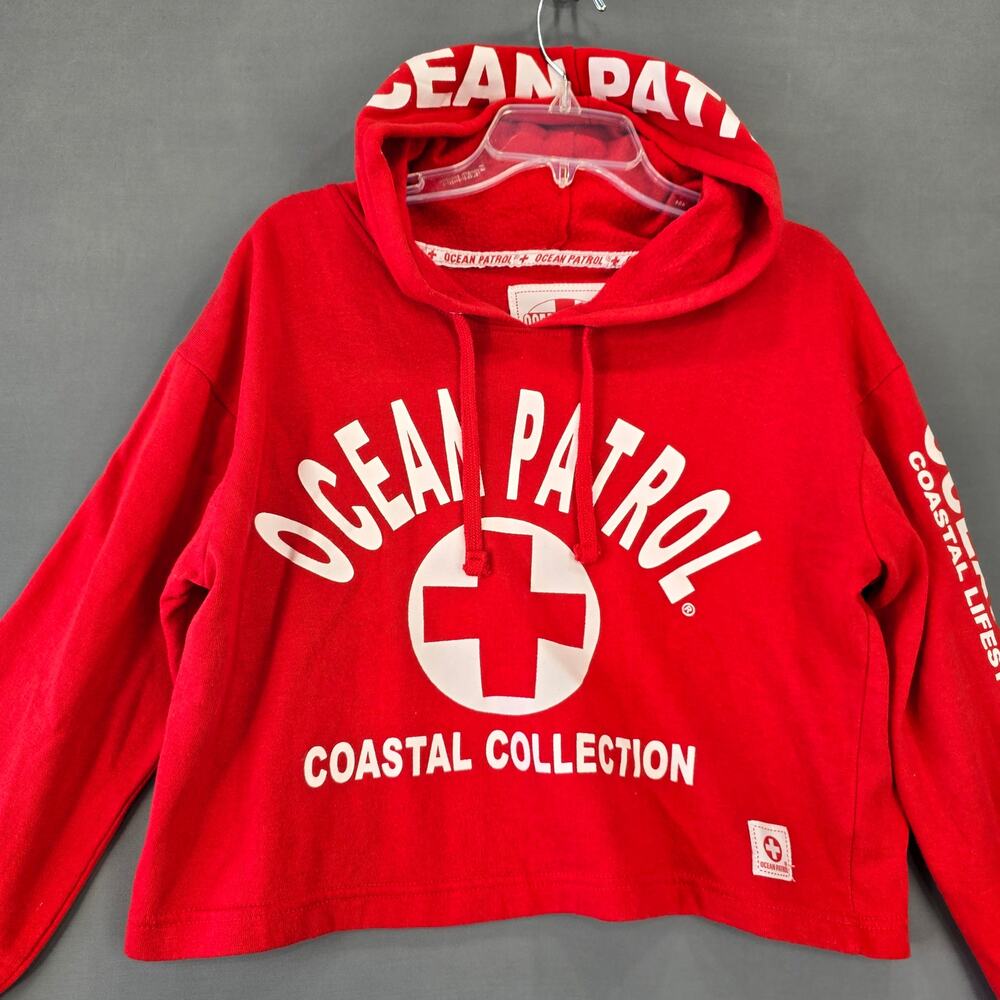 Ocean Patrol Red Crop Hoodie Sweatshirt Long Sleeves Logo Casual Women's Size S